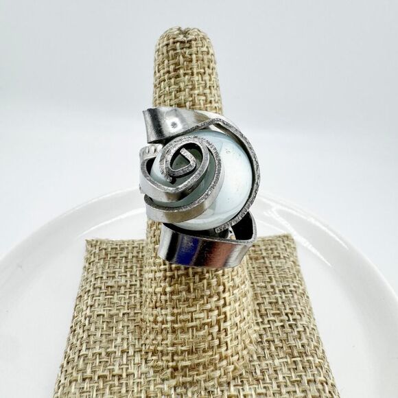 Vintage Swirl Fork Ring Iridescent Stone Handmade Unique Artisan Statement - Picture 4 of 11